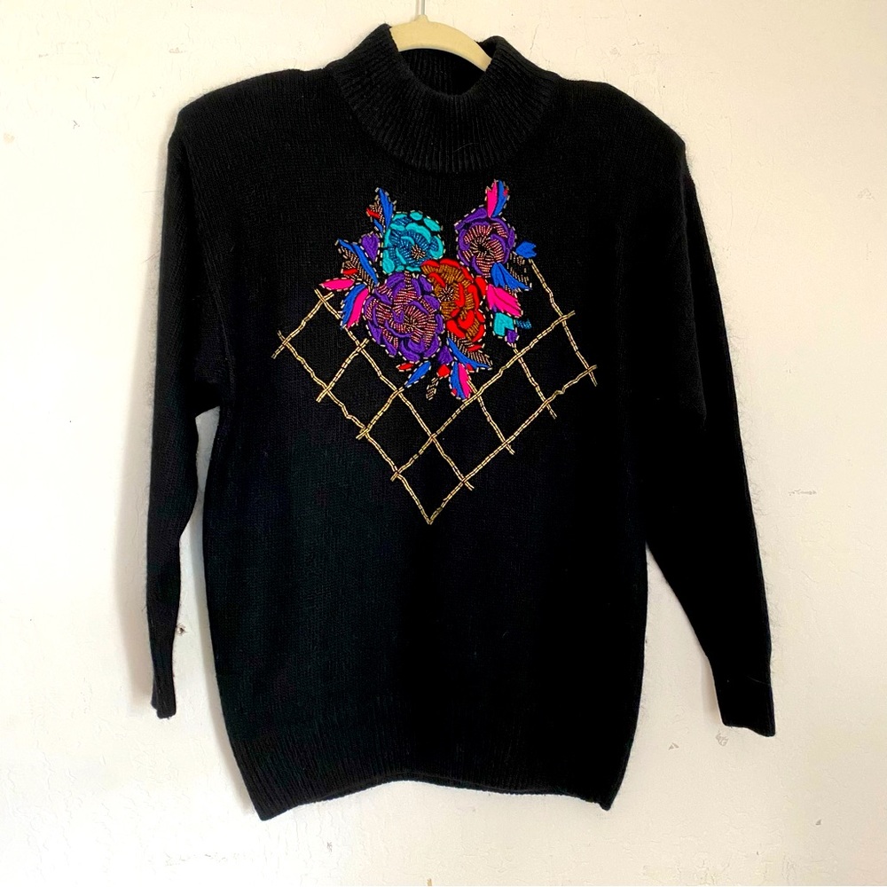 Vintage Santoria Black Beaded Sweater size Small Silk Nylon Angora Lambswool